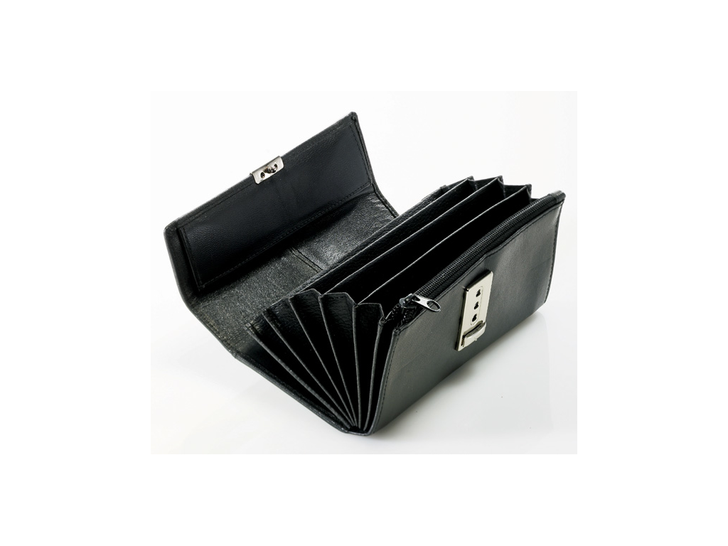 Wallet leather 5 compartments black with lock