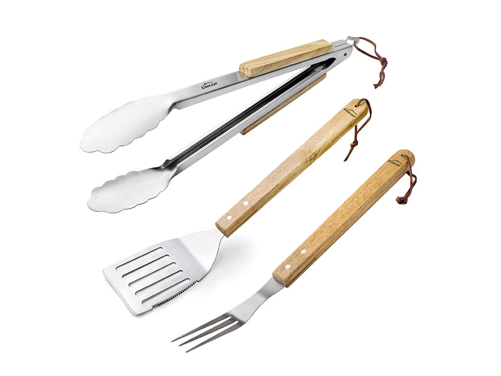 Grill accessories 3 pcs w/wood handle leather st